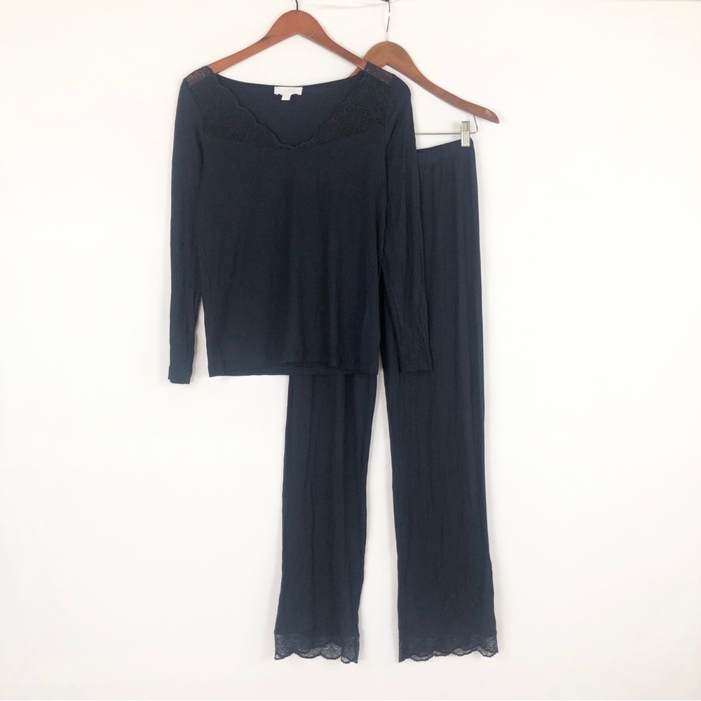 The White Company Jersey‎ Long Sleeve Applique Lace Pajama Set Size XS Navy Blue